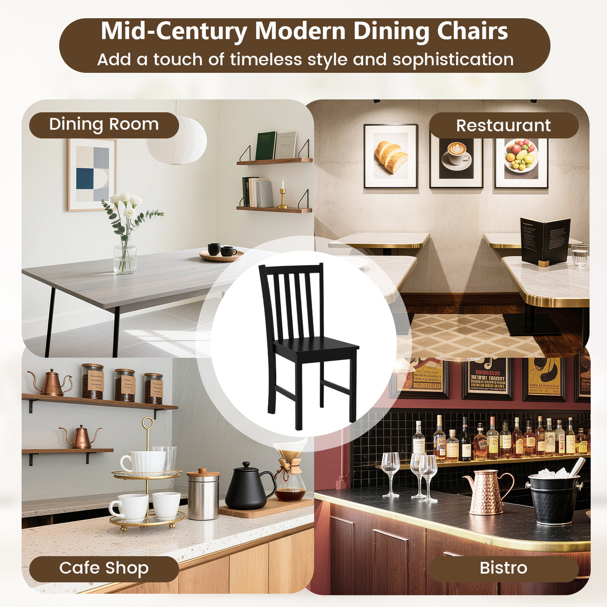 Rustic Dining Chairs Set of 2 Wooden Slat Backrest - Black