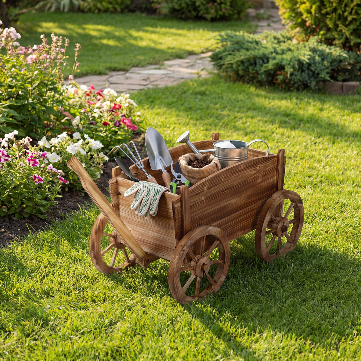 Rustic Rolling Flower Pot Stand with Wheels - Coffee