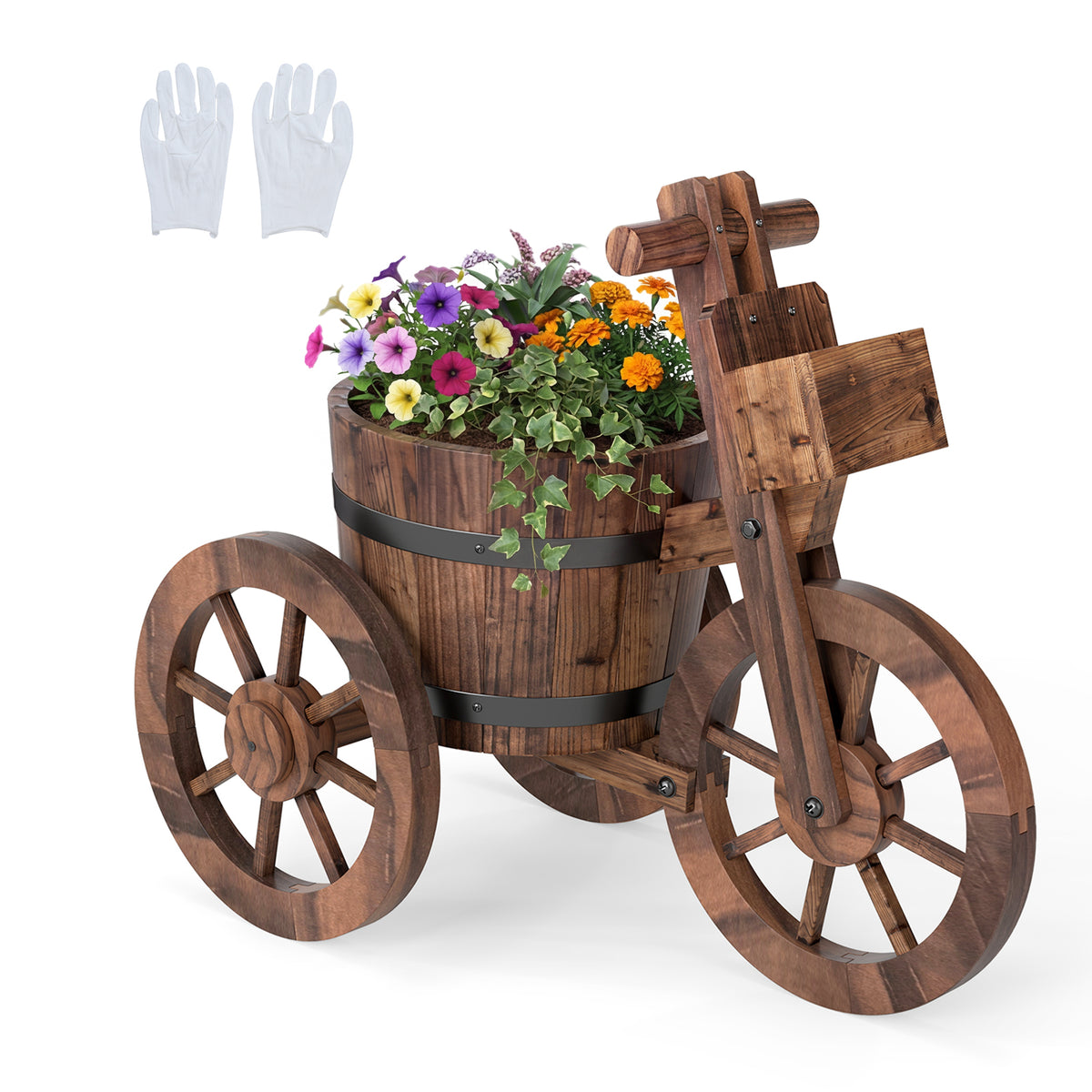 Rustic Wood Tricycle Planter with Wheels and Storage Box