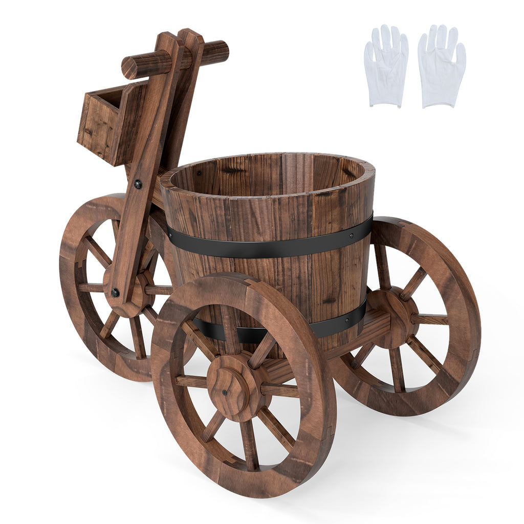 Rustic Wood Tricycle Planter with Wheels and Storage Box