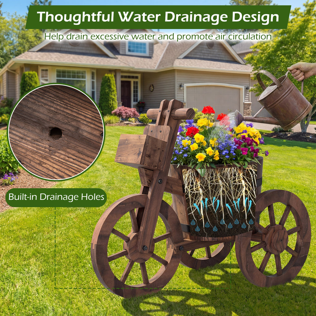 Rustic Wood Tricycle Planter with Wheels and Storage Box