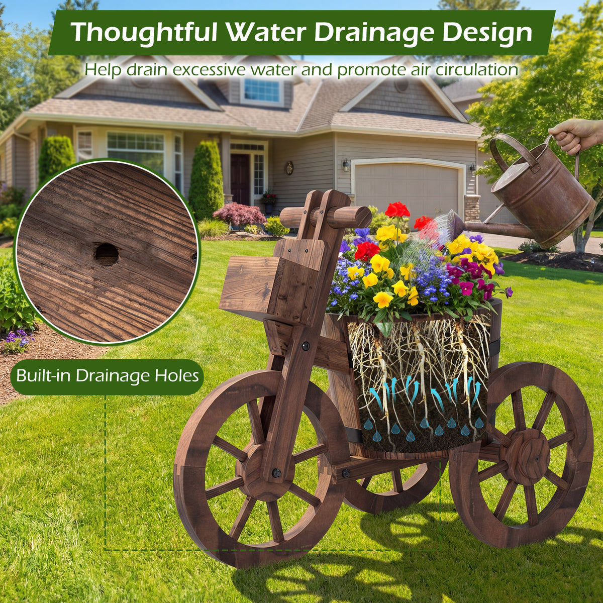 Rustic Wood Tricycle Planter with Wheels and Storage Box