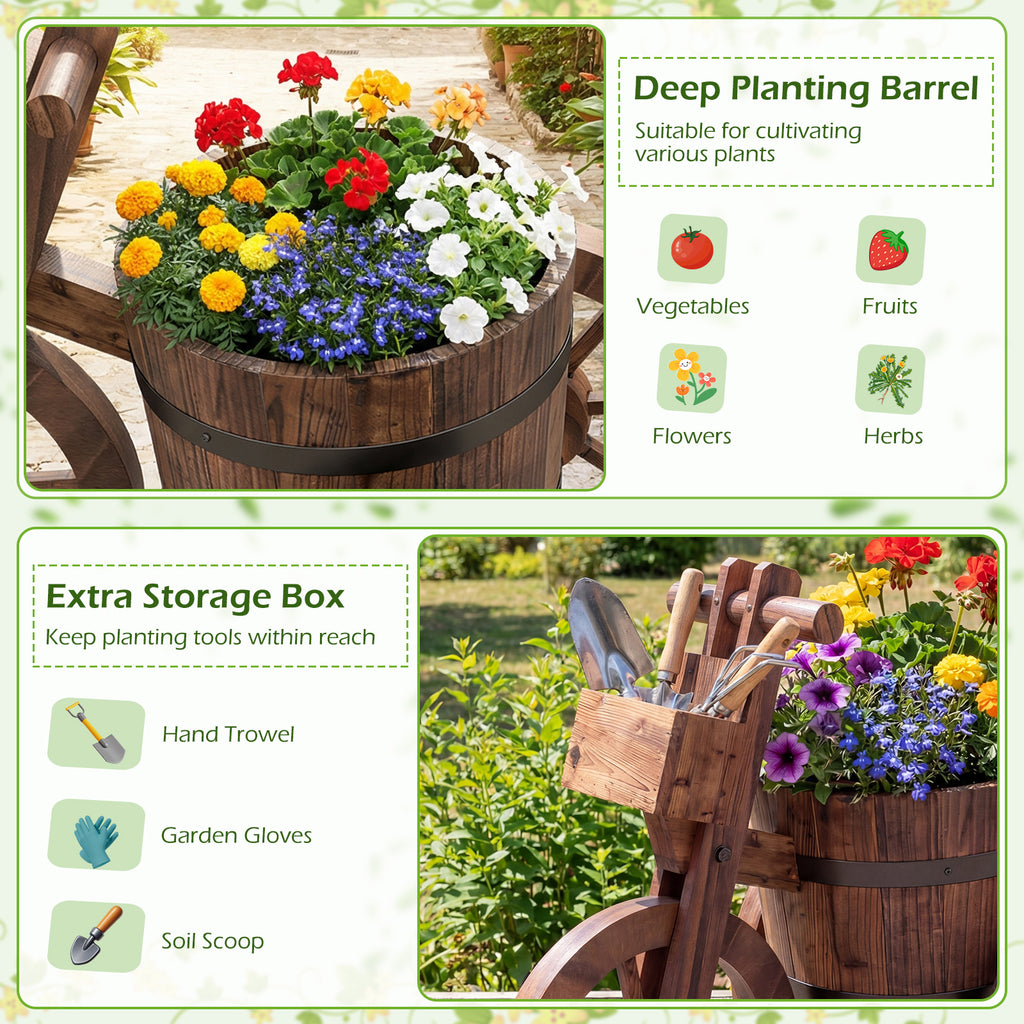 Rustic Wood Tricycle Planter with Wheels and Storage Box