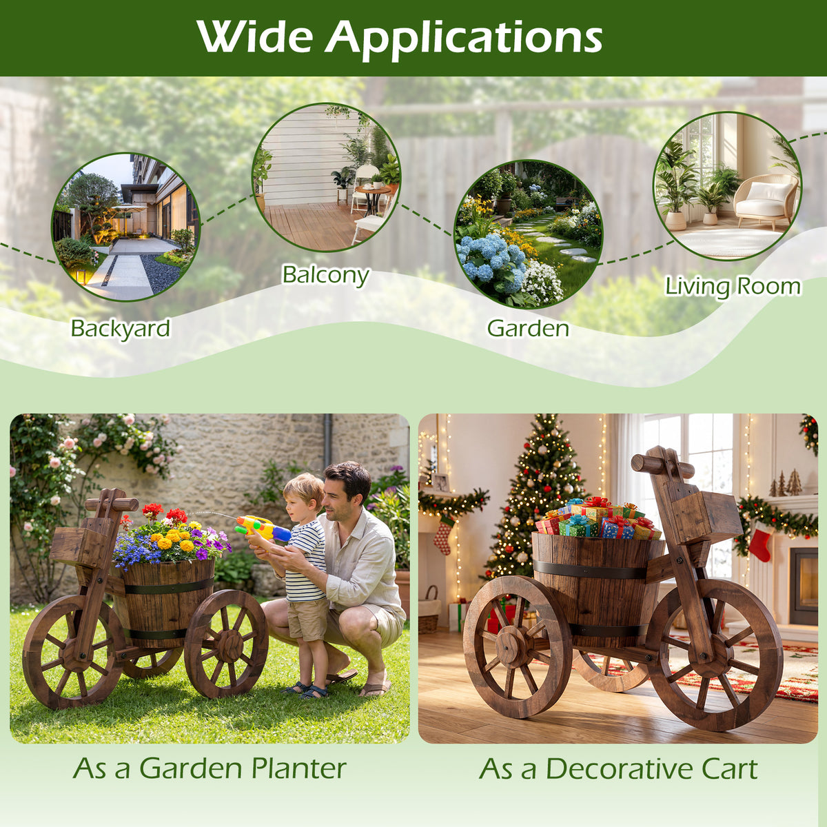 Rustic Wood Tricycle Planter with Wheels and Storage Box