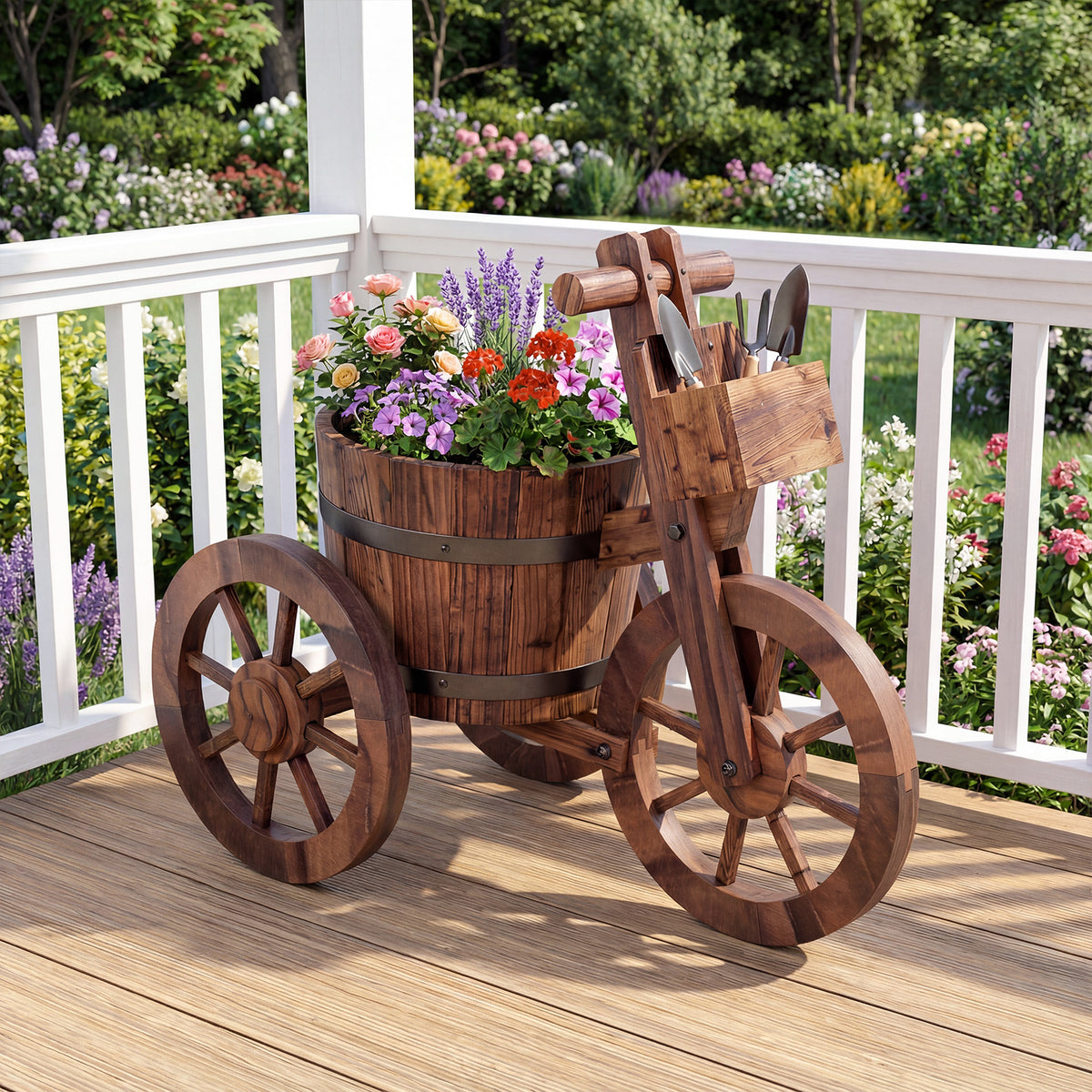 Rustic Wood Tricycle Planter with Wheels and Storage Box