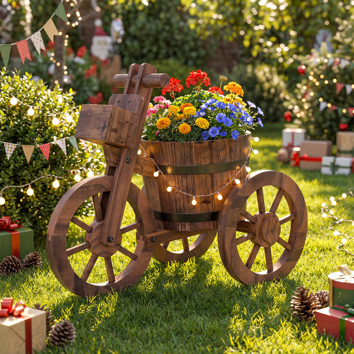 Rustic Wood Tricycle Planter with Wheels and Storage Box