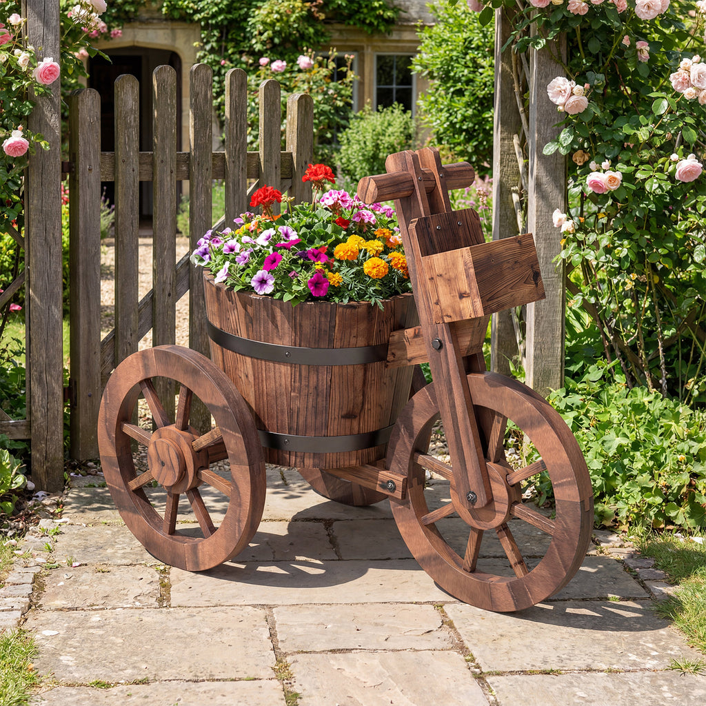 Rustic Wood Tricycle Planter with Wheels and Storage Box