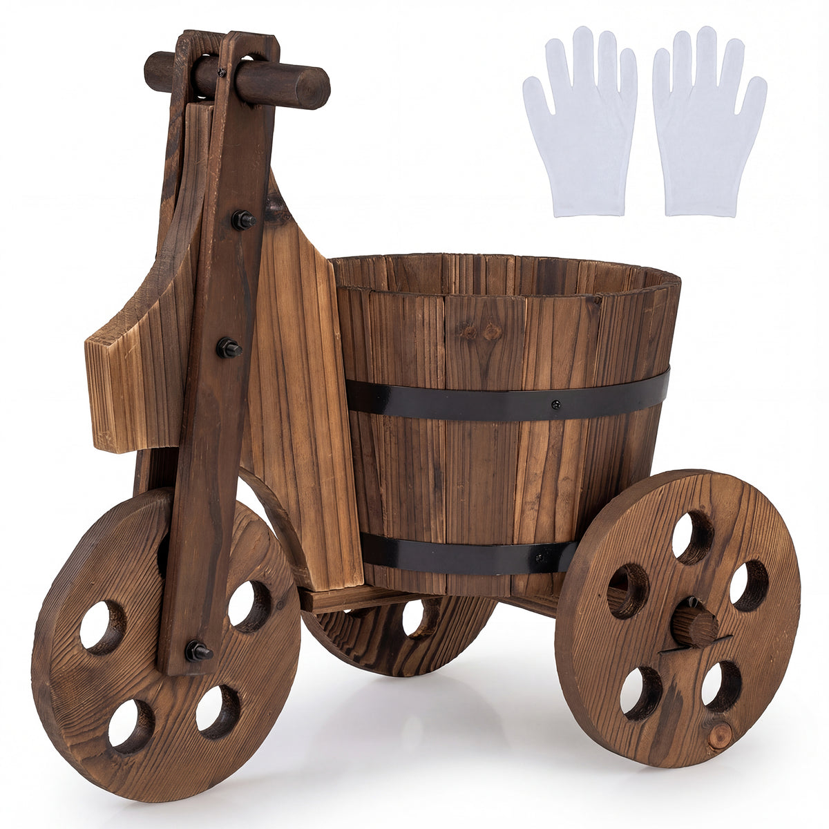 Rustic Wood Tricycle Planter Barrel Flower Pot Cart with Drainage Hole
