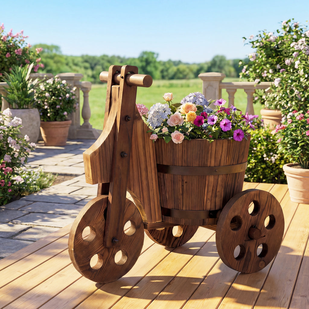 Rustic Wood Tricycle Planter Barrel Flower Pot Cart with Drainage Hole