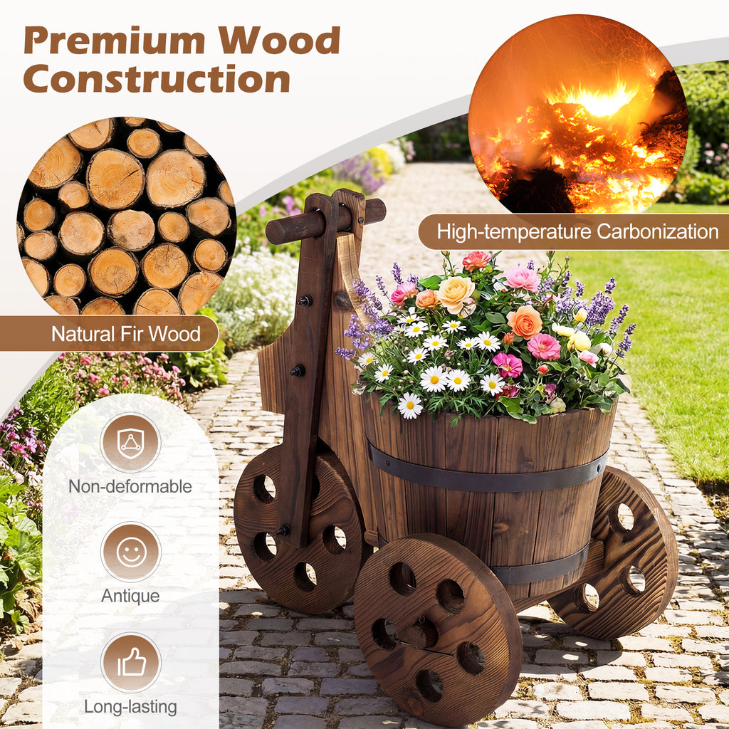 Rustic Wood Tricycle Planter Barrel Flower Pot Cart with Drainage Hole