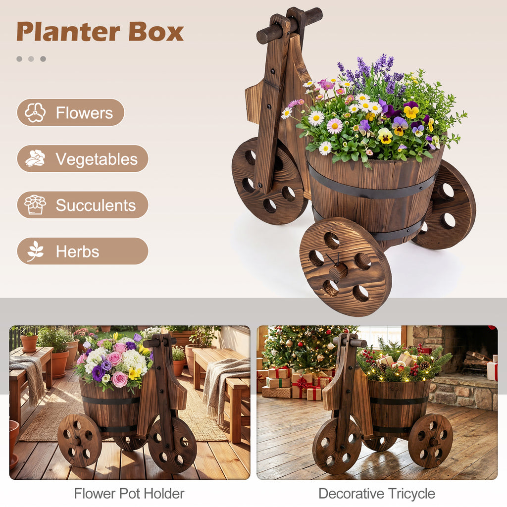 Rustic Wood Tricycle Planter Barrel Flower Pot Cart with Drainage Hole