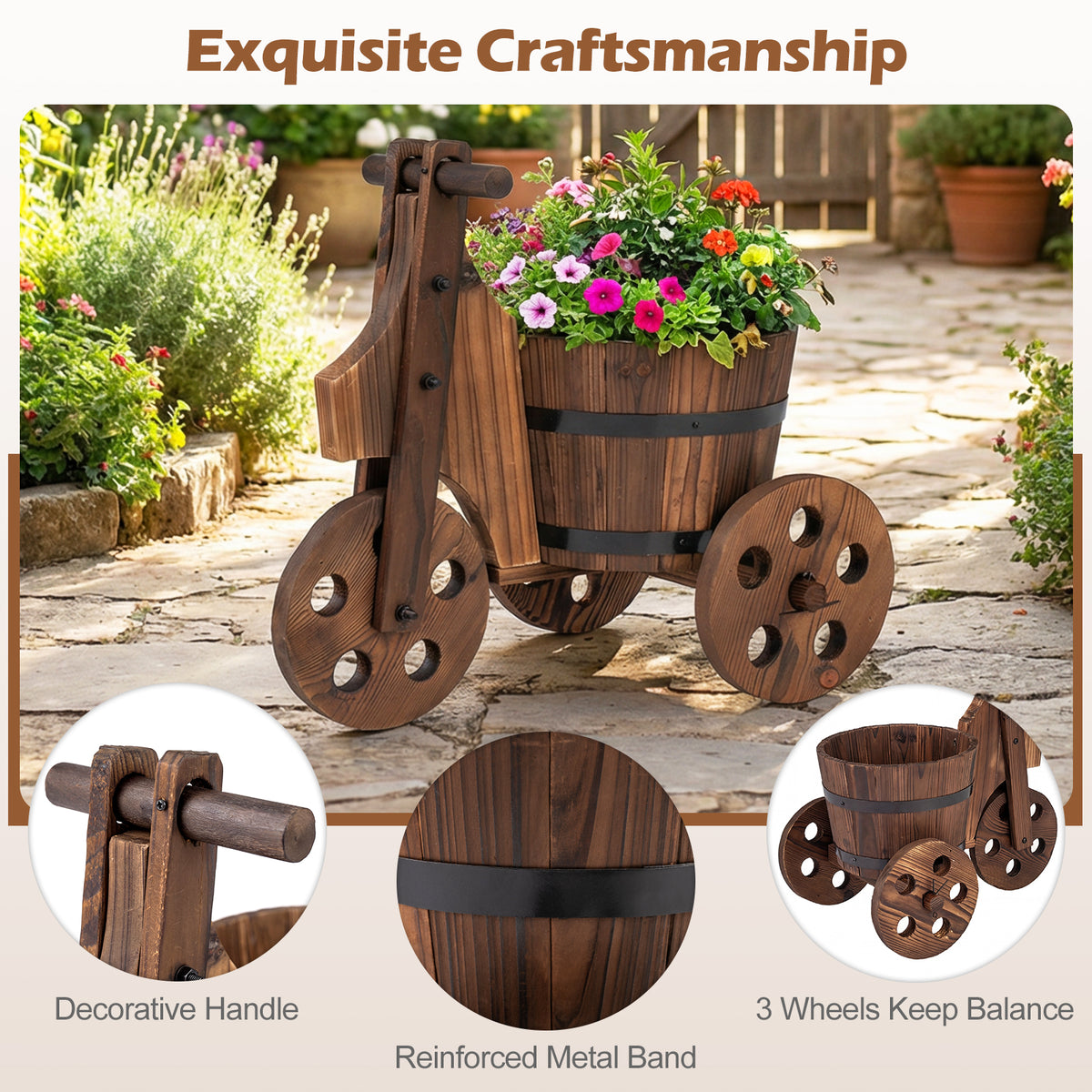 Rustic Wood Tricycle Planter Barrel Flower Pot Cart with Drainage Hole