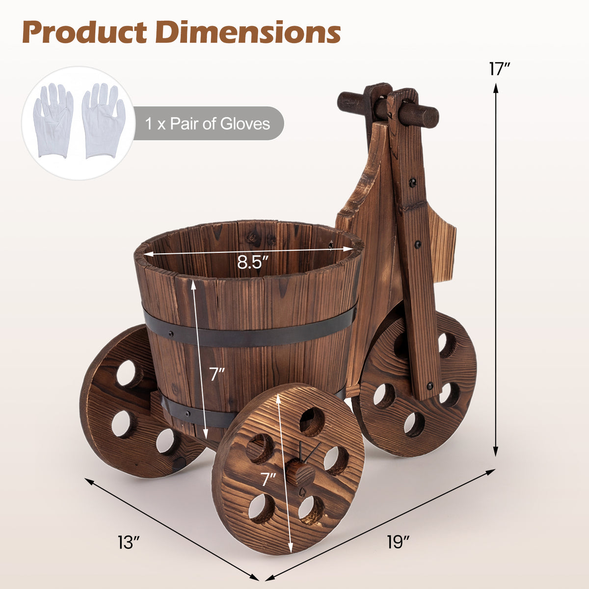 Rustic Wood Tricycle Planter Barrel Flower Pot Cart with Drainage Hole