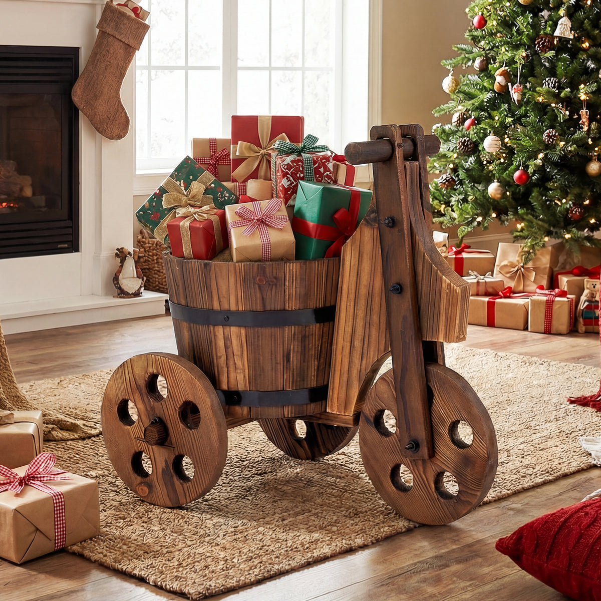 Rustic Wood Tricycle Planter Barrel Flower Pot Cart with Drainage Hole