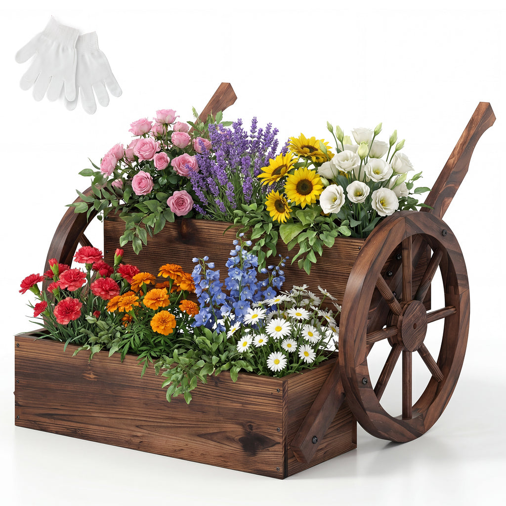 Rustic Wood Wagon Planter 2-Tier Versatile Raised Garden Bed with