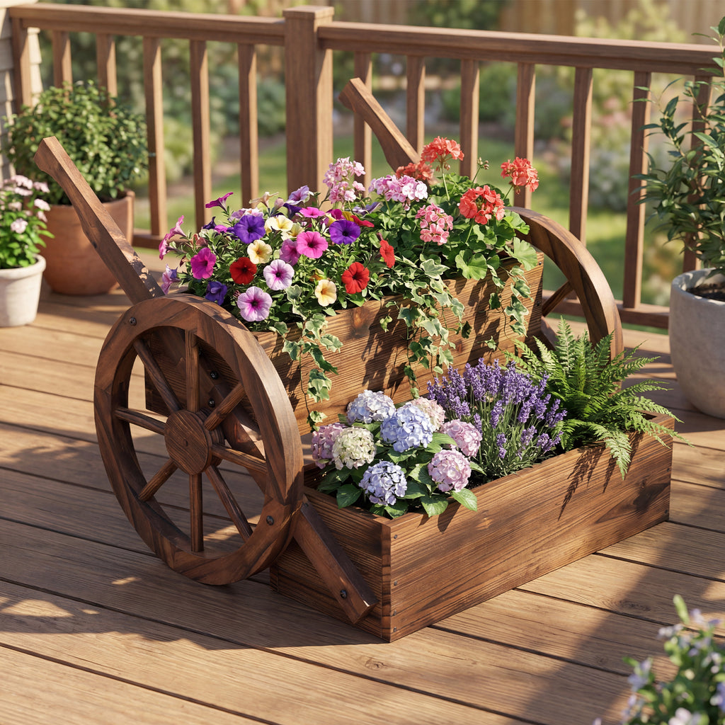 Rustic Wood Wagon Planter 2-Tier Versatile Raised Garden Bed with