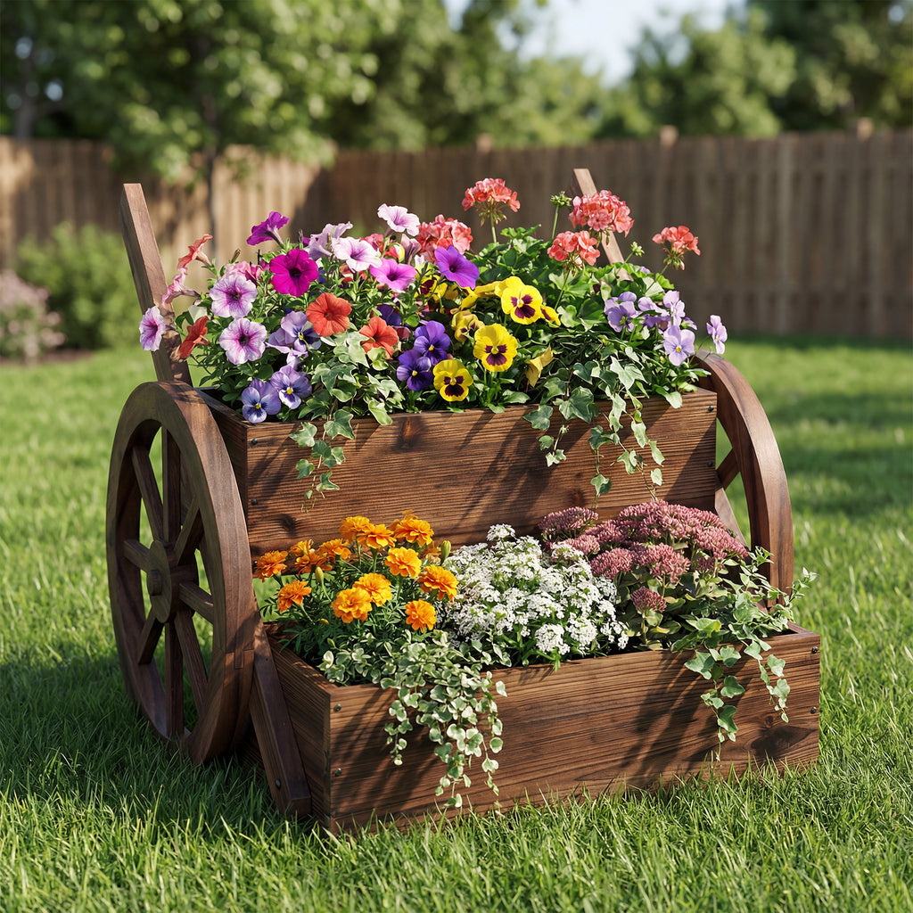 Rustic Wood Wagon Planter 2-Tier Versatile Raised Garden Bed with