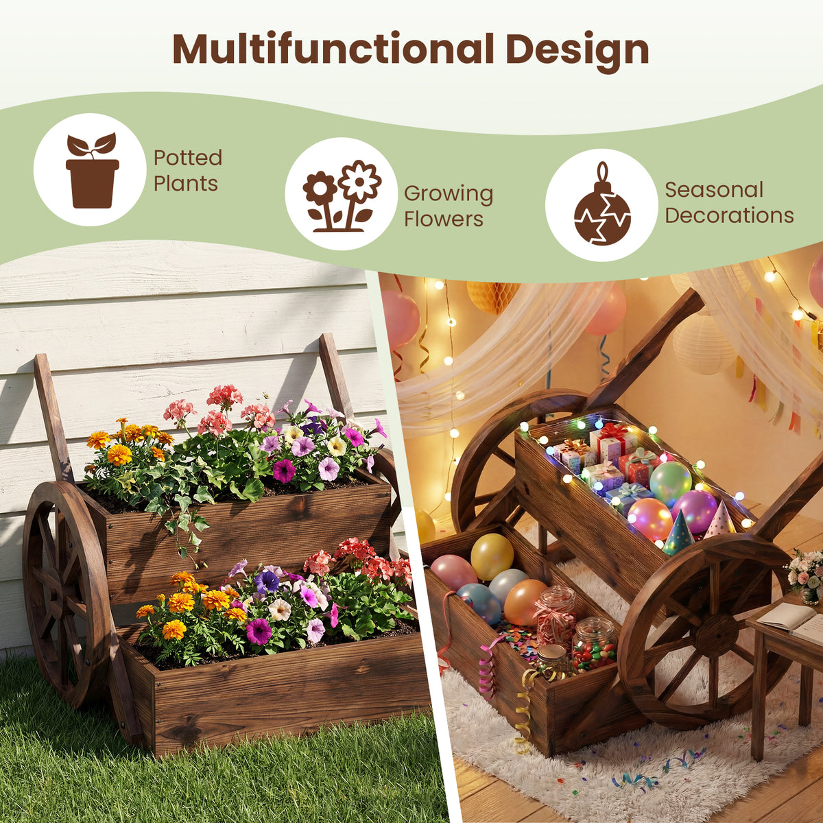 Rustic Wood Wagon Planter 2-Tier Versatile Raised Garden Bed with