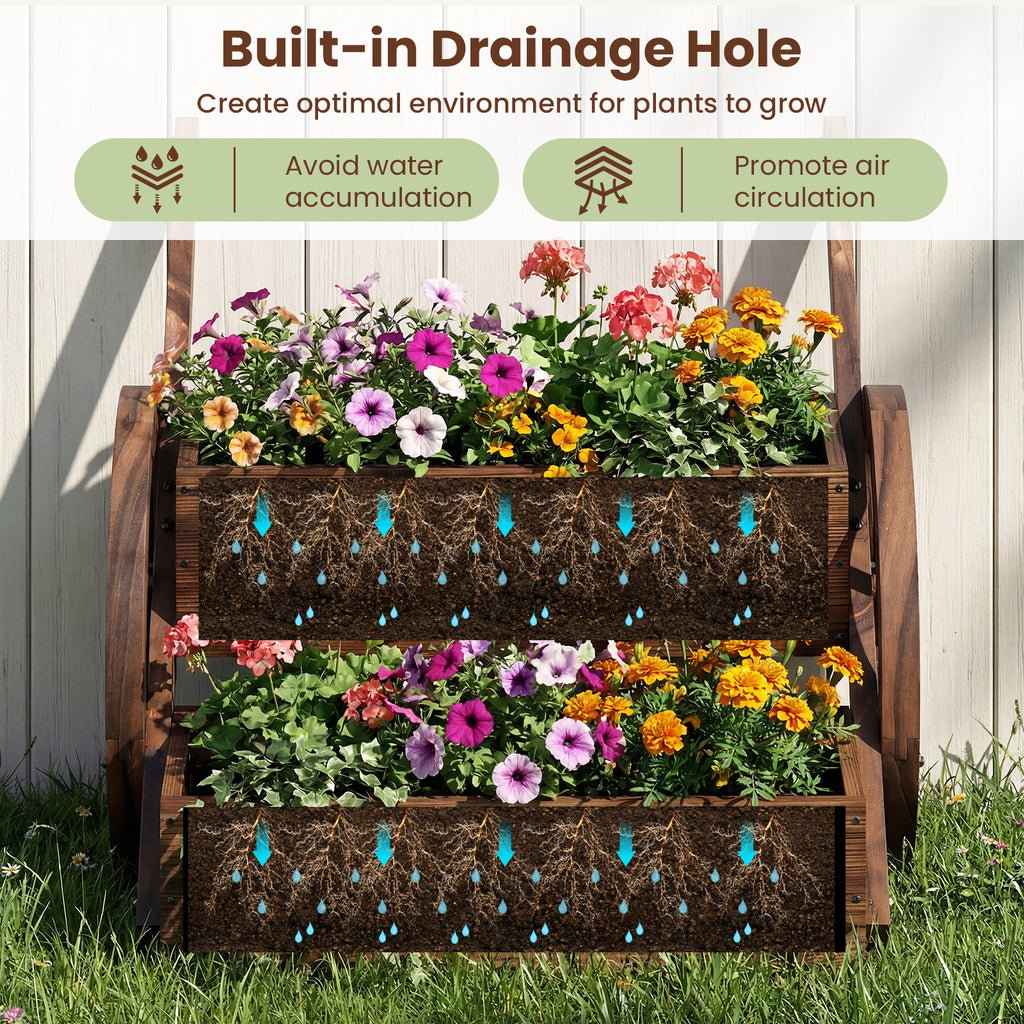 Rustic Wood Wagon Planter 2-Tier Versatile Raised Garden Bed with