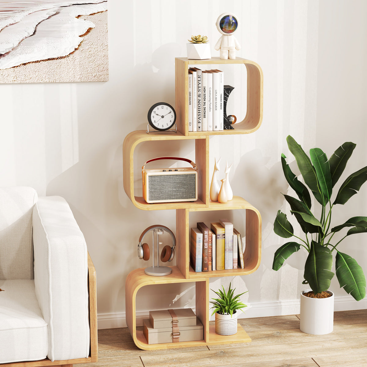 4-Tier S-Shaped Bamboo Bookcase - Natural