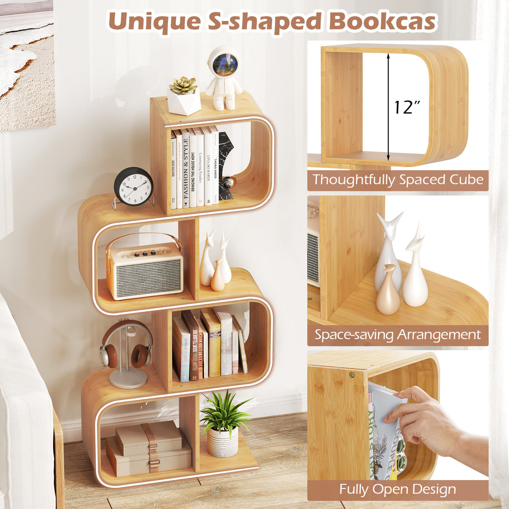 4-Tier S-Shaped Bamboo Bookcase - Natural
