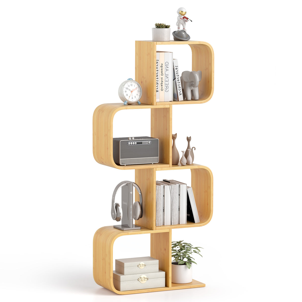 4-Tier S-Shaped Bamboo Bookcase - Natural