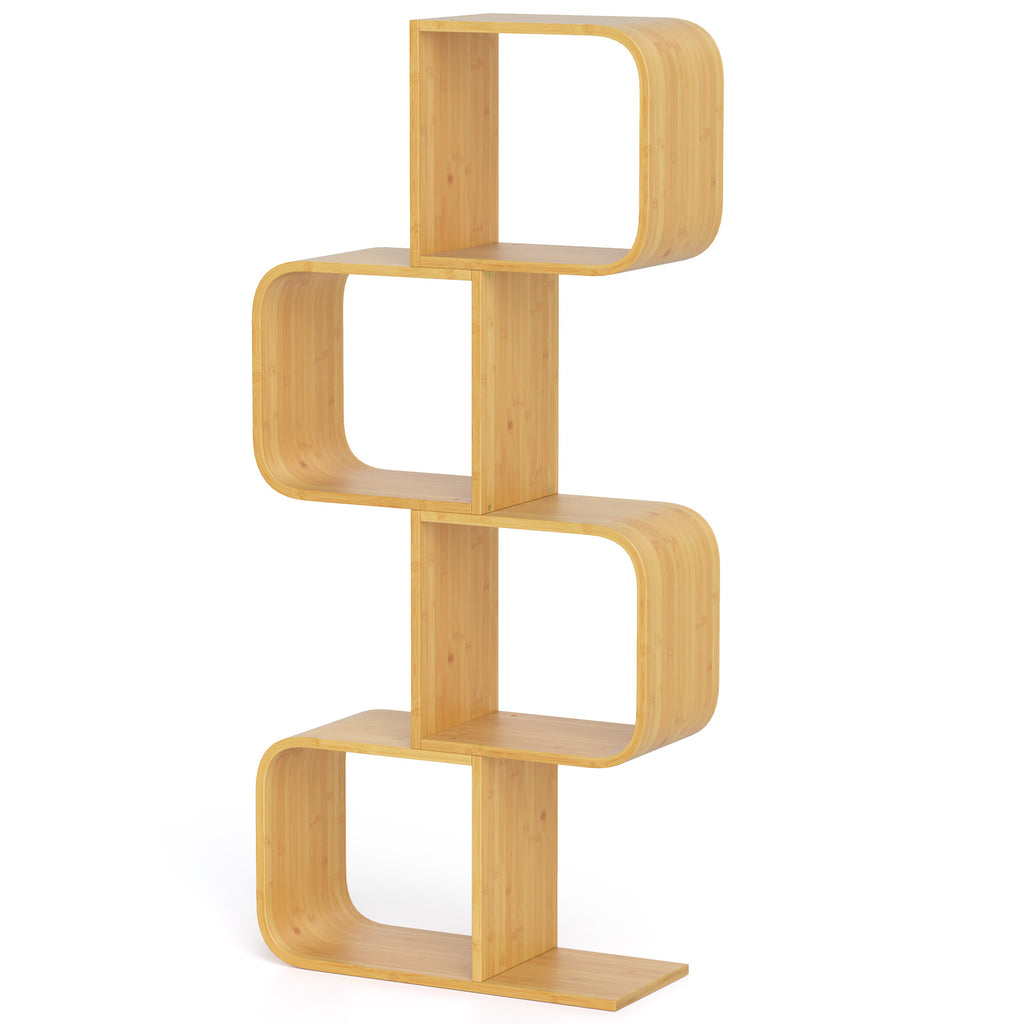 3-Tier S-Shaped Bamboo Bookcase with Cubes - Natural
