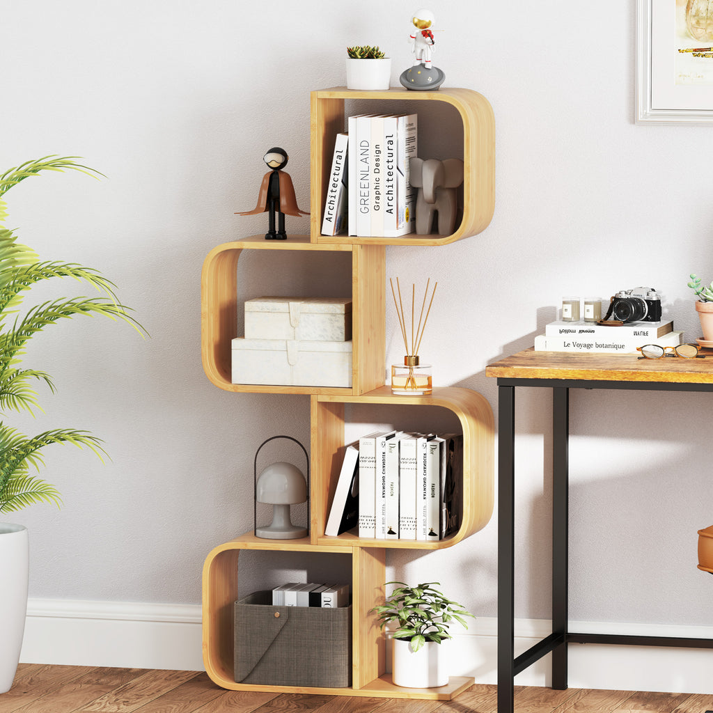 4-Tier S-Shaped Bamboo Bookcase - Natural