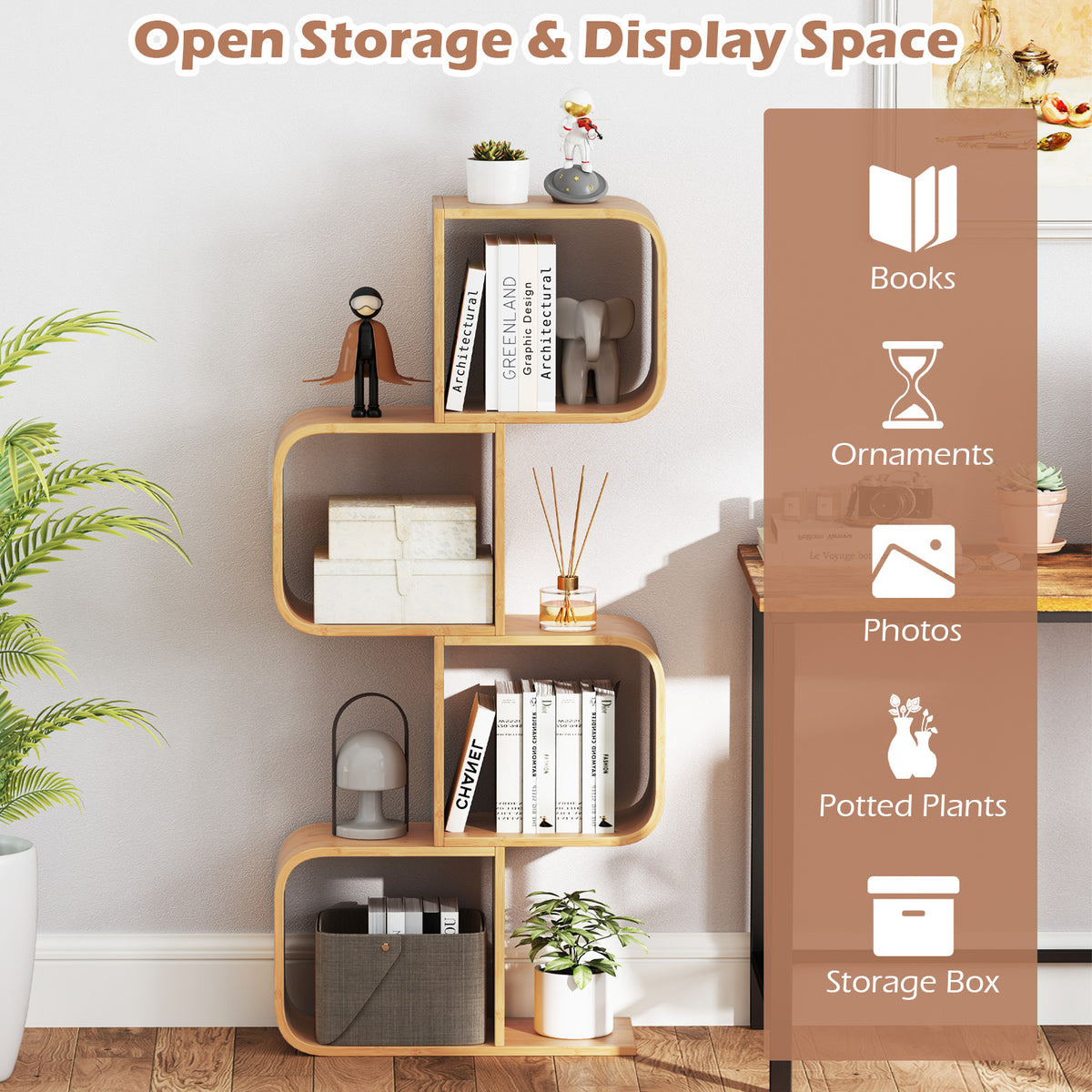 4-Tier S-Shaped Bamboo Bookcase - Natural