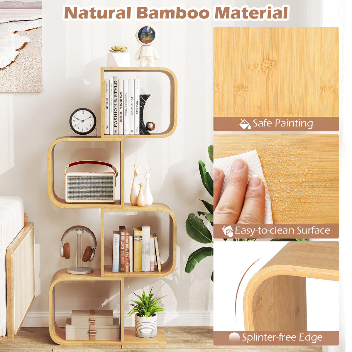 4-Tier S-Shaped Bamboo Bookcase - Natural