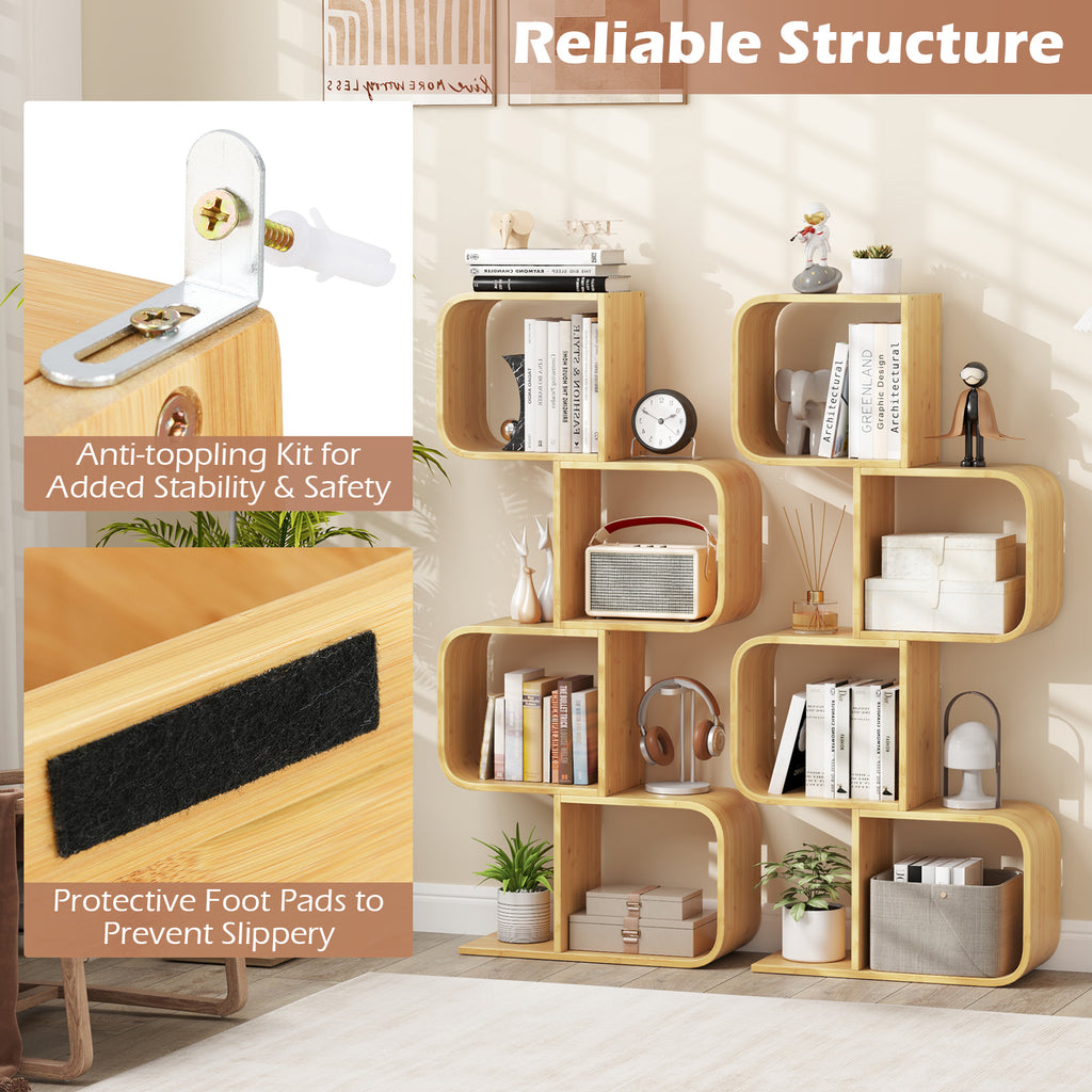 4-Tier S-Shaped Bamboo Bookcase - Natural