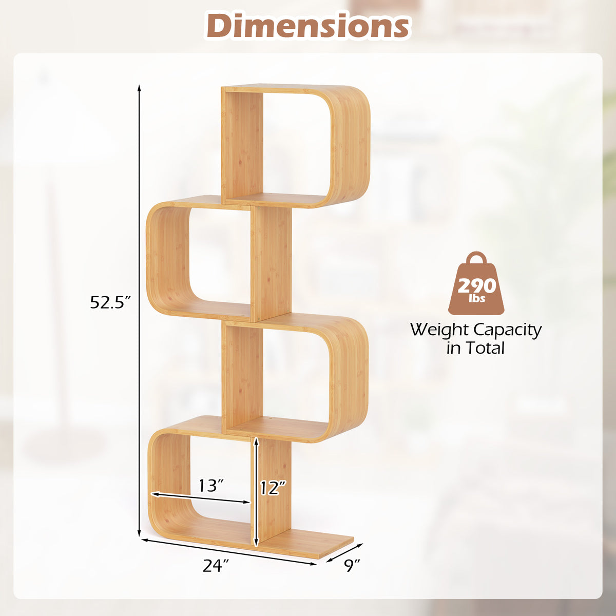 4-Tier S-Shaped Bamboo Bookcase - Natural