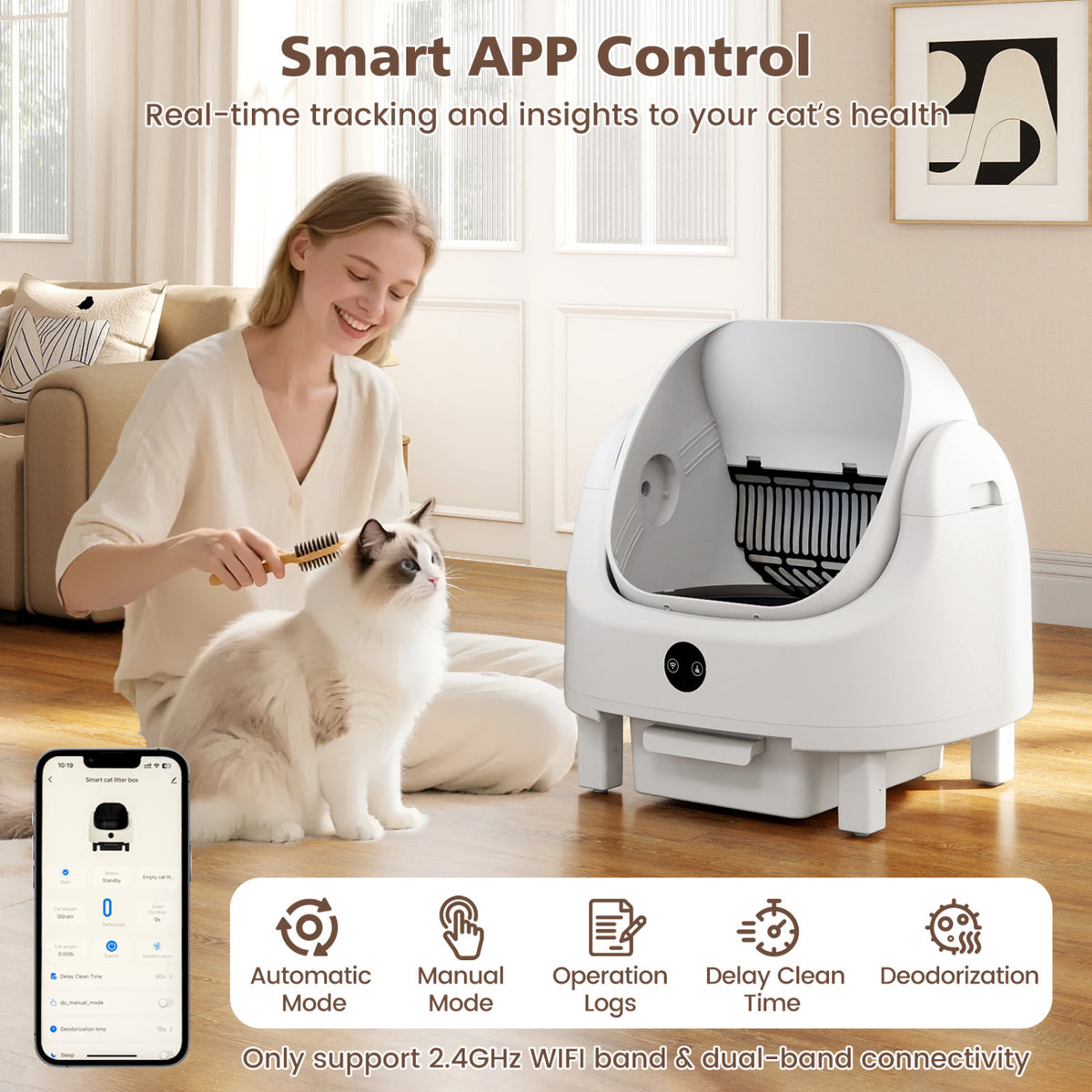 Self-Cleaning Open-Top Cat Litter Box with App Control, Odor Control & Safety Sensors