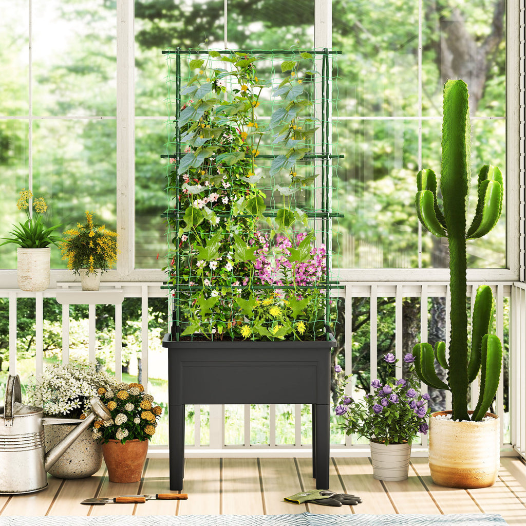 Self-Watering Raised Garden Bed with Trellis - Gray
