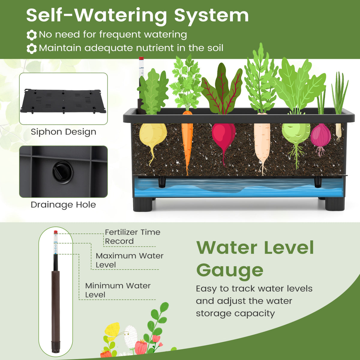 Self-Watering Raised Garden Bed with Trellis - Gray