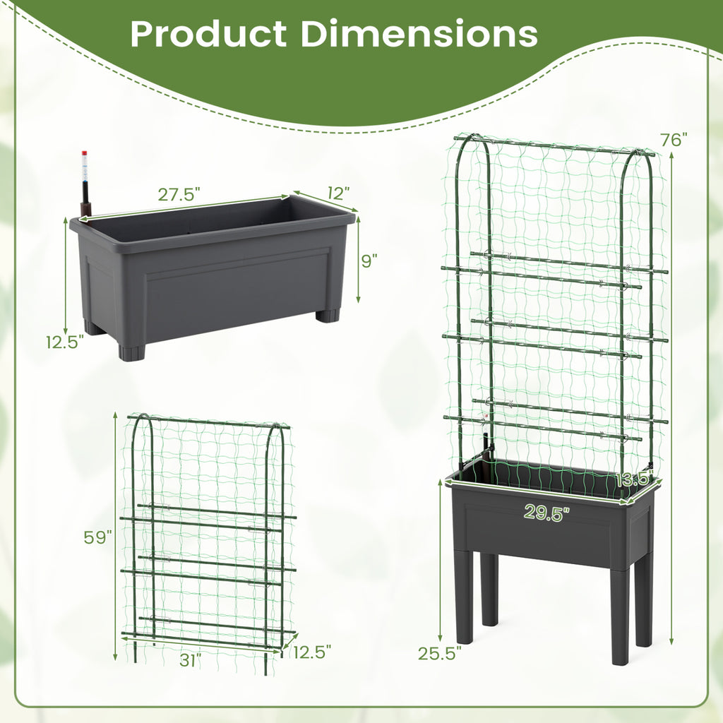 Self-Watering Raised Garden Bed with Trellis - Gray