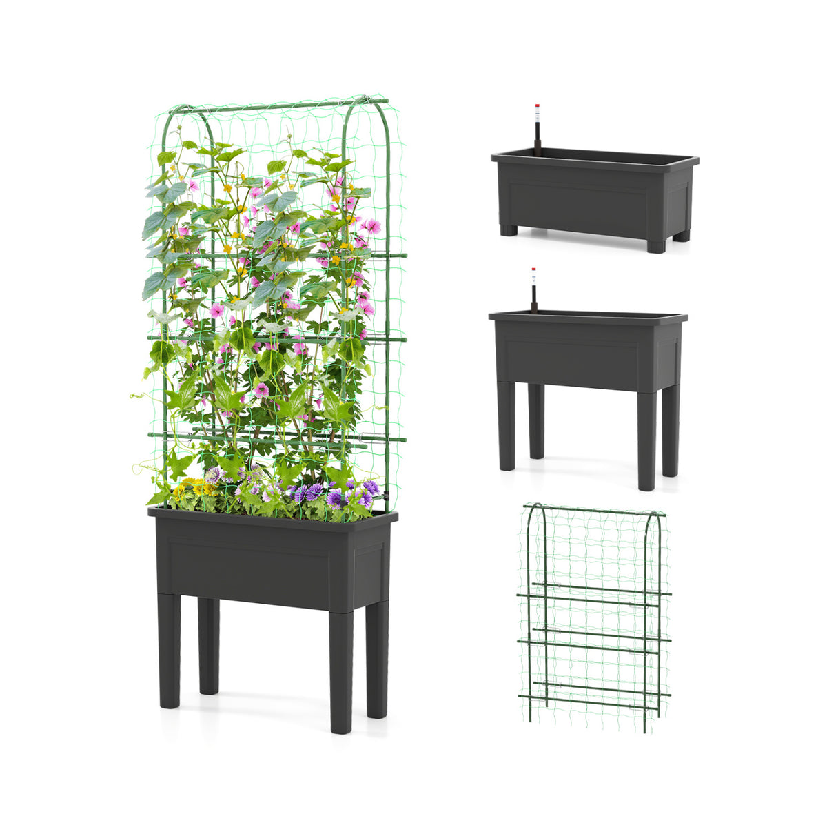 Self-Watering Raised Garden Bed with Trellis - Gray