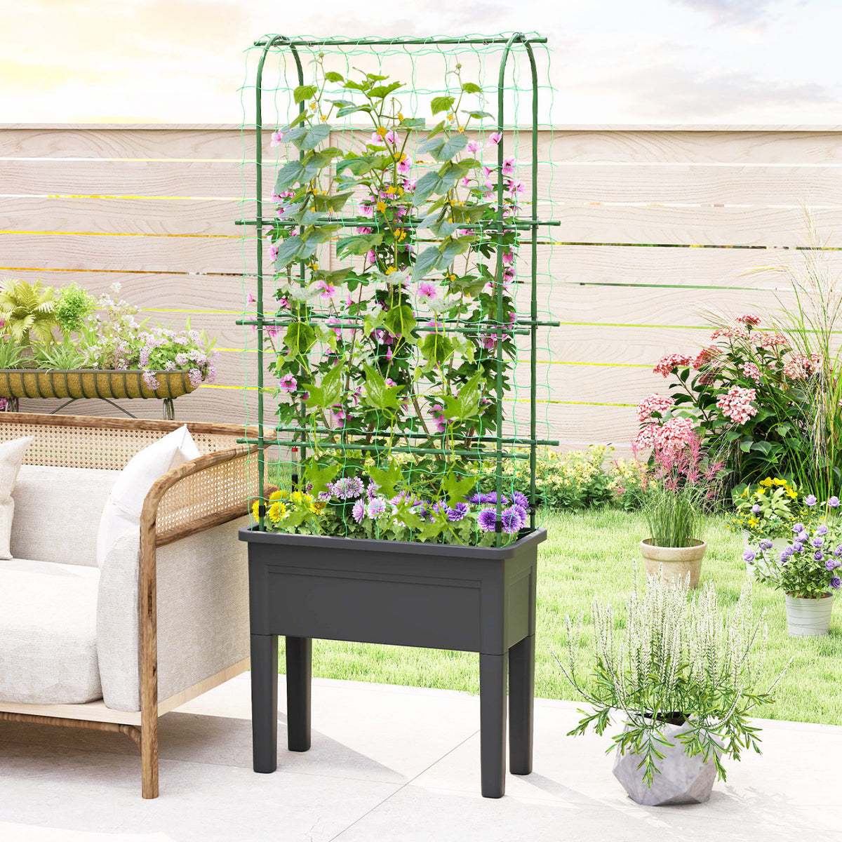 Self-Watering Raised Garden Bed with Trellis - Gray