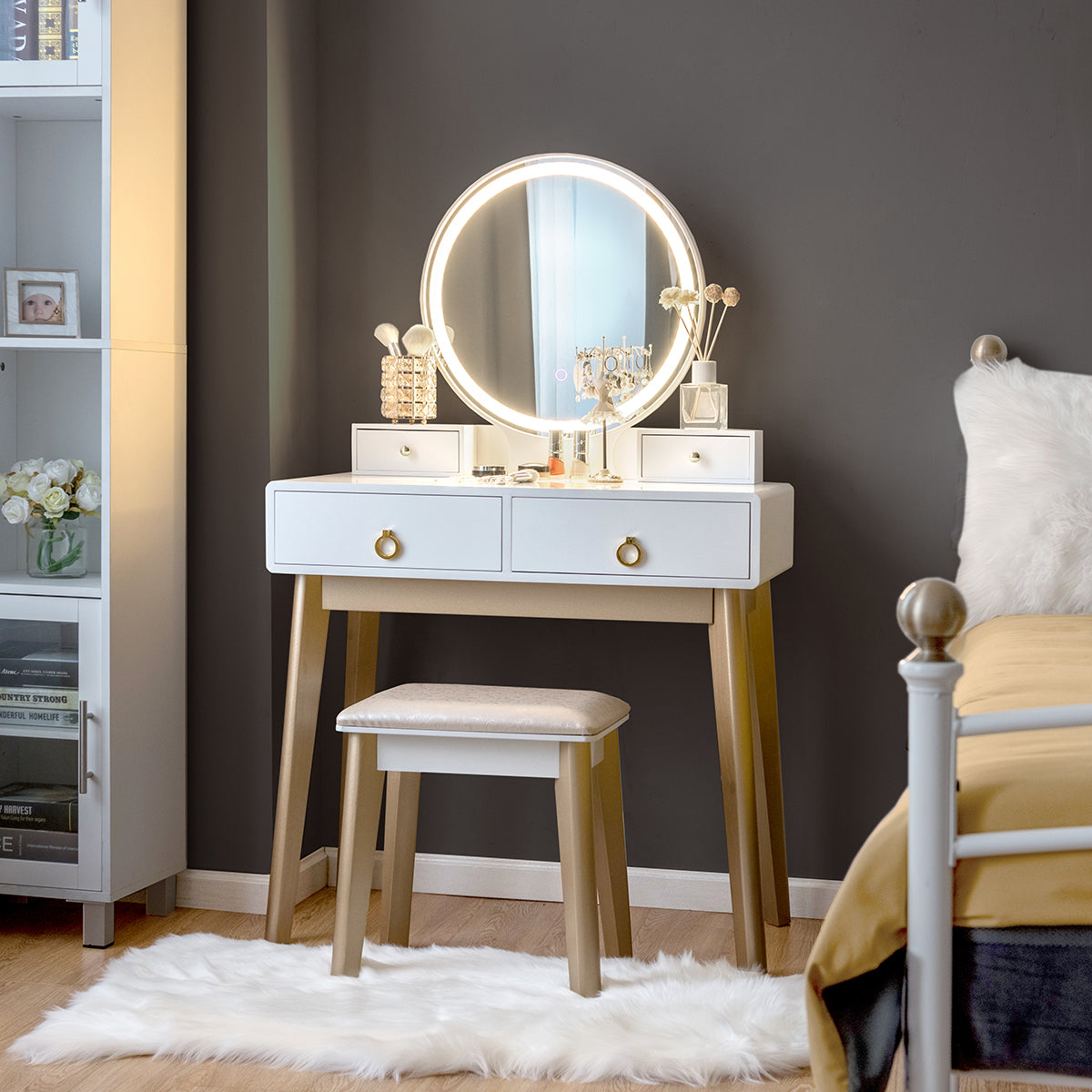 Makeup Vanity Table with LED Mirror & 3 Light Modes - White, No Cabinet