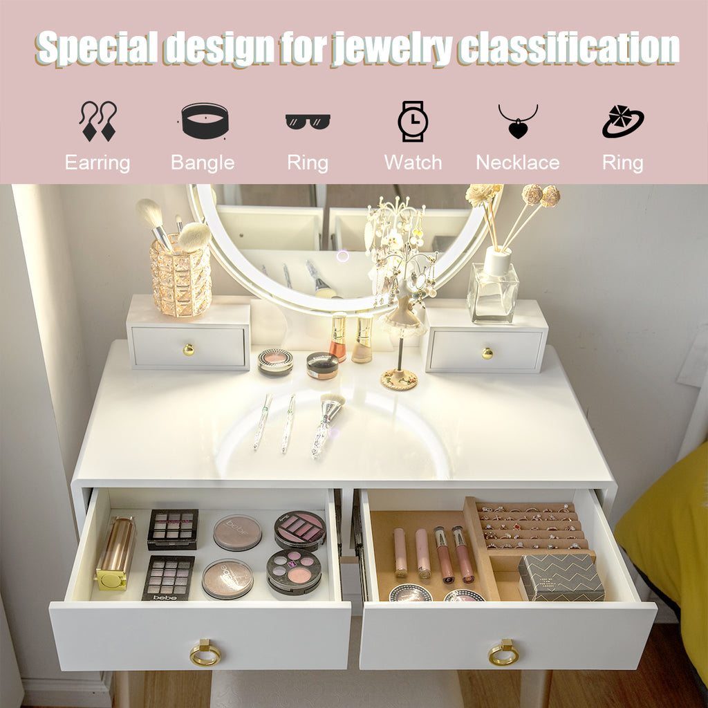 Makeup Vanity Table with LED Mirror & 3 Light Modes - White, No Cabinet