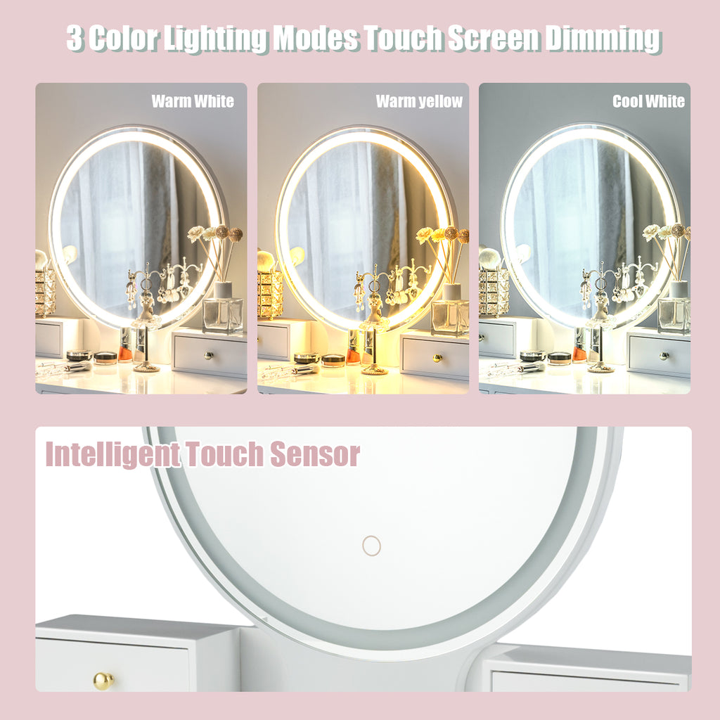 Makeup Vanity Table with LED Mirror & 3 Light Modes - White, No Cabinet