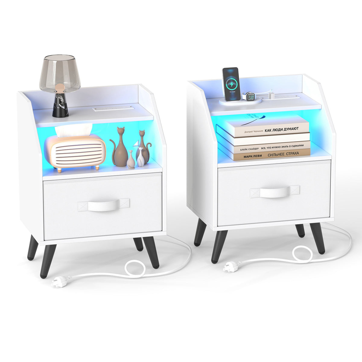 Nightstand with LED Lights and Power Outlets - White