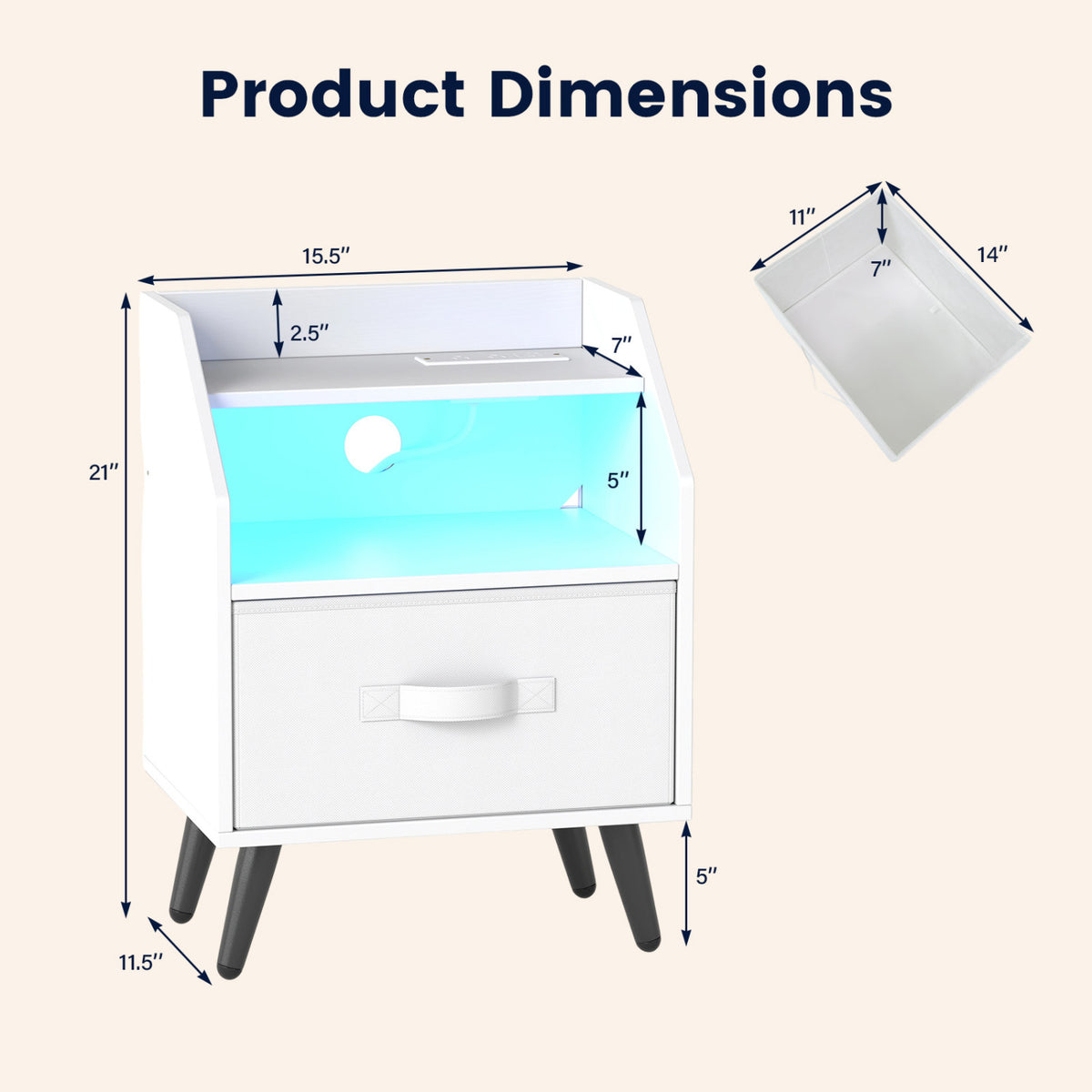 Nightstand with LED Lights and Power Outlets - White