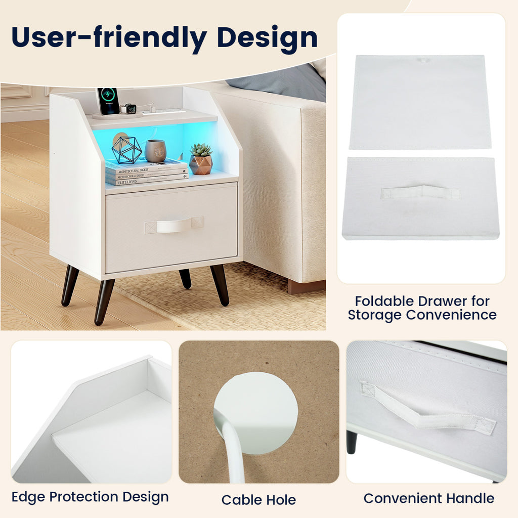 Nightstand with LED Lights and Power Outlets - White