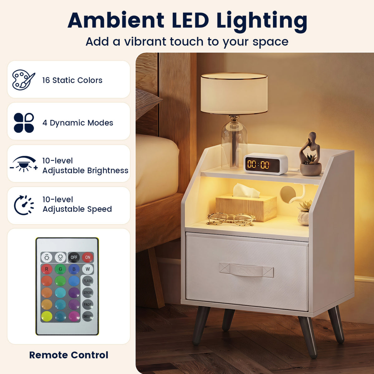 Nightstand with LED Lights and Power Outlets - White