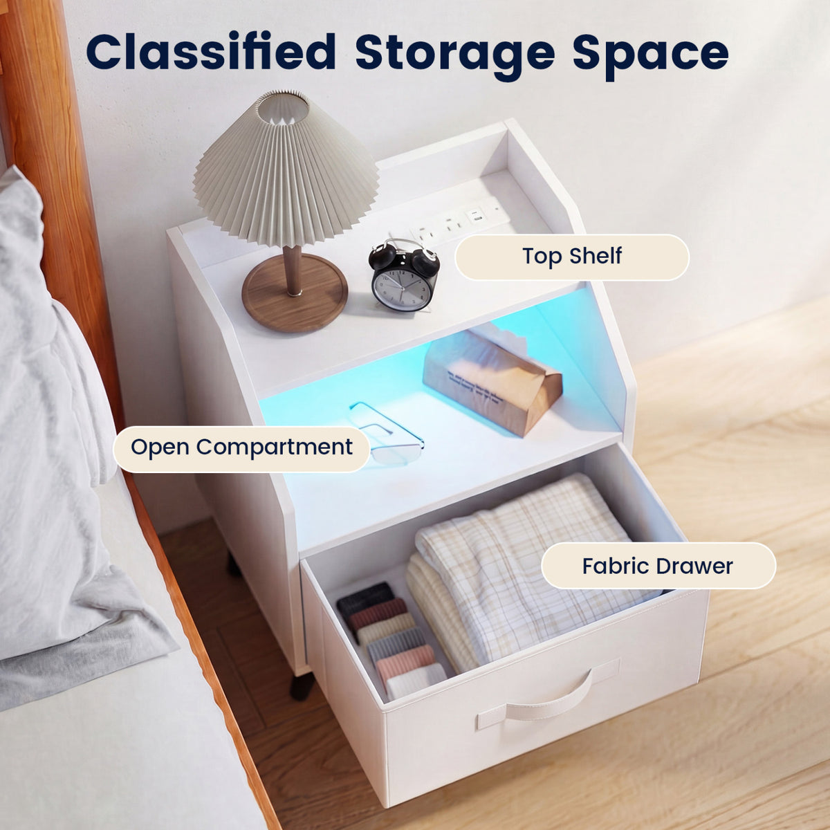 Nightstand with LED Lights and Power Outlets - White