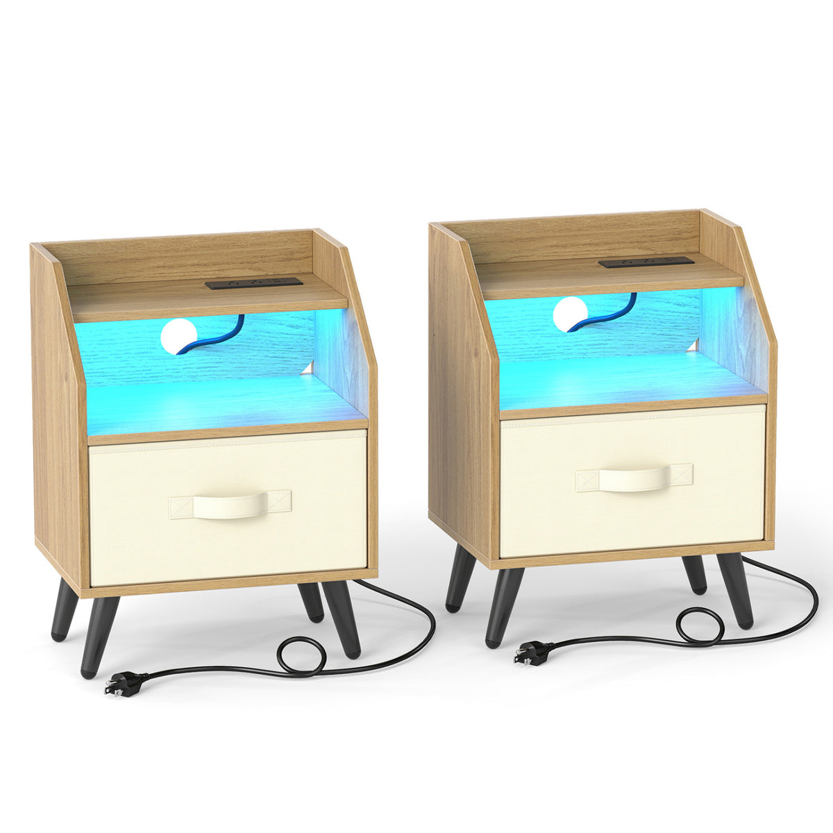 Nightstand with LED Lights and Power Outlets - White