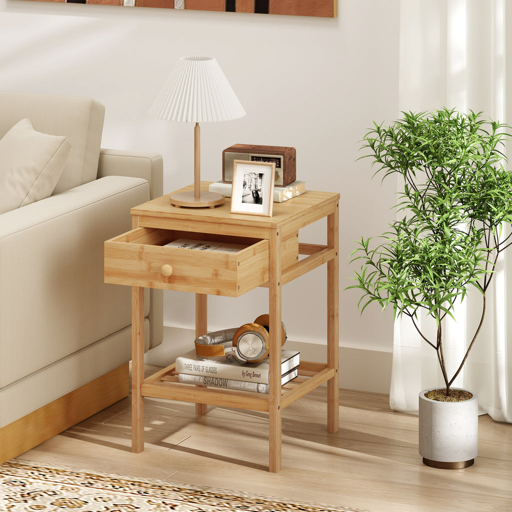 Bamboo Nightstand Bedside Table with Drawer and Shelf