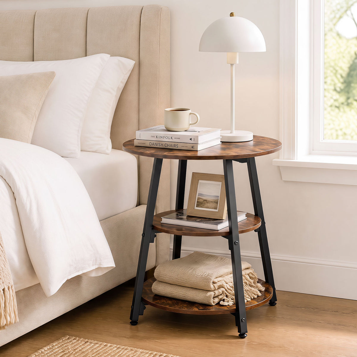 Industrial Side Table with 3-Tier Shelves - Rustic Brown