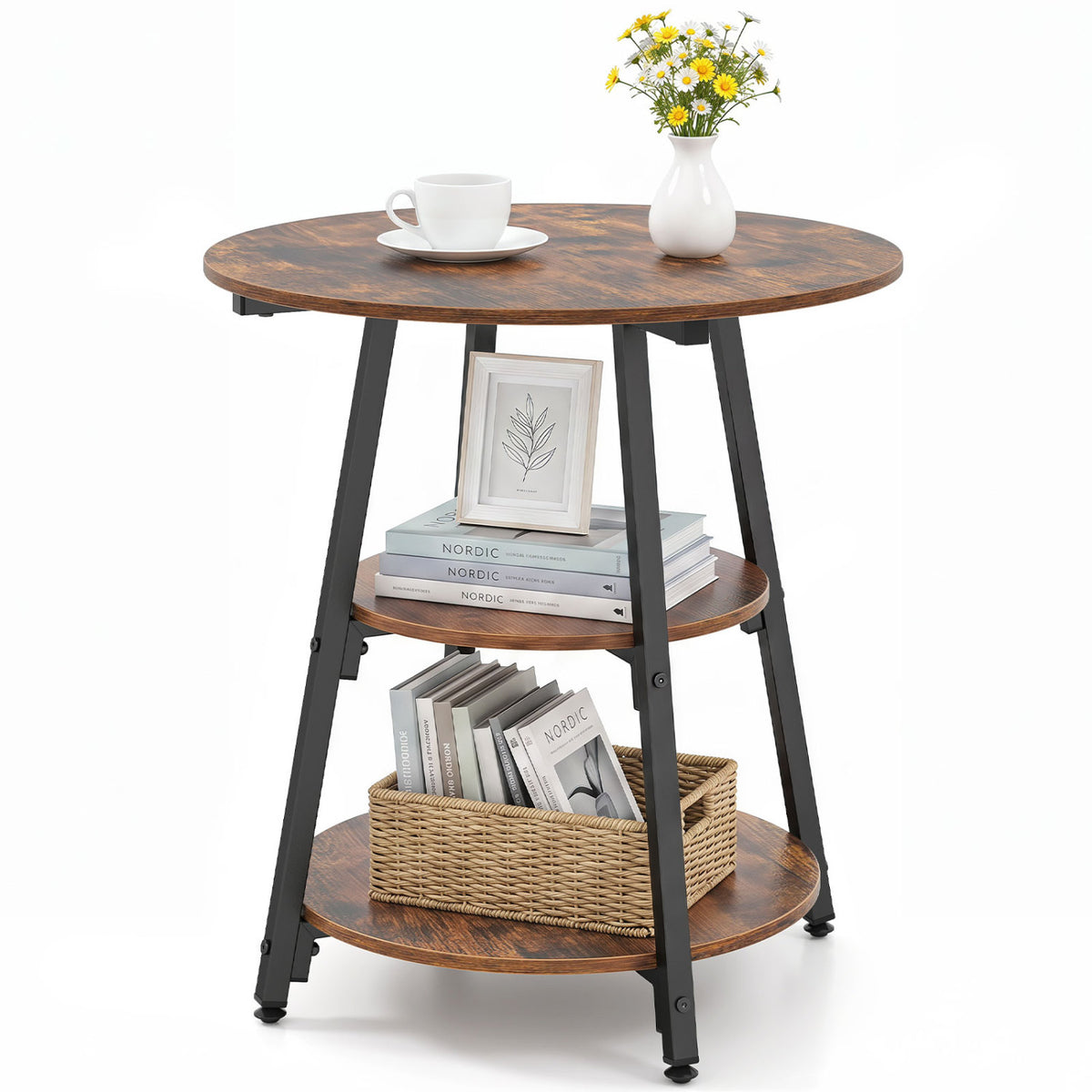 Industrial Side Table with 3-Tier Shelves - Rustic Brown